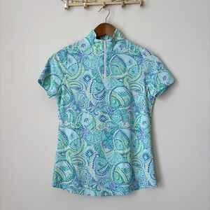 Ibkul Blue Mosaic 1/4 Zip Short Sleeve Mock Neck Top XS Golf Pickleball